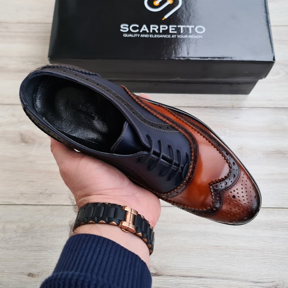 Brown-Navy Wingtip Genuine Leather Oxford Men's Dress Shoes - Picture 4 of 6